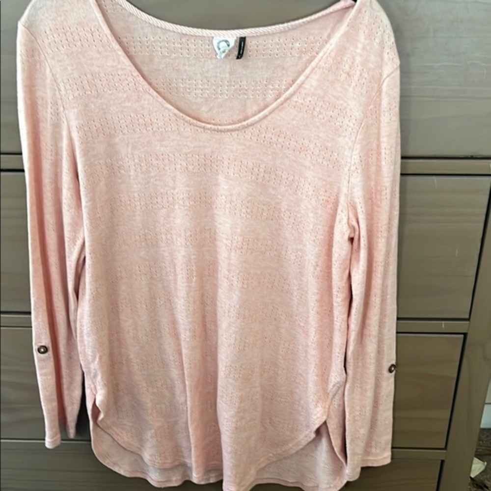 Soft Pink Relaxed Long Sleeve Blouse with Scoop Neckline